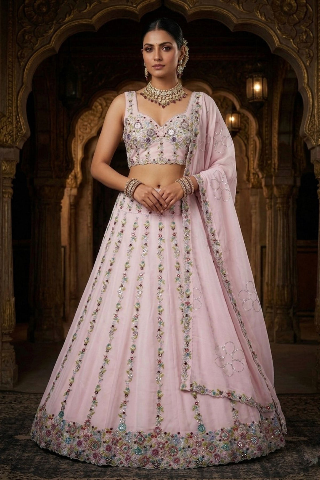 Semi-Stitched Pink Georgette Real Mirror, Sequins Embroidered Lehenga