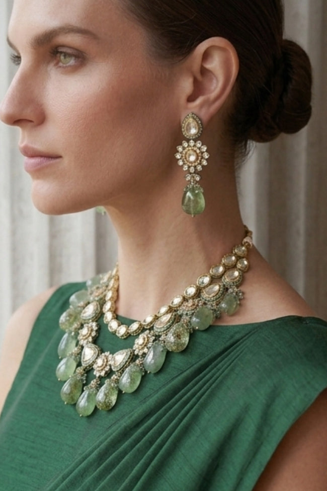 Green Kundan Choker Necklace Set with Beaded Drops & Earrings Main Image
