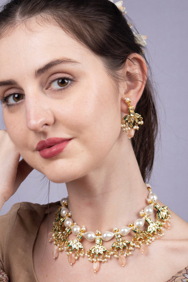 Pink Stone Pearl Kundan Gold-Plated Choker Necklace Set Main Image