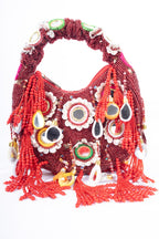 Eeth Red Mirror Clutch Bagwith Beads and Pearl Work