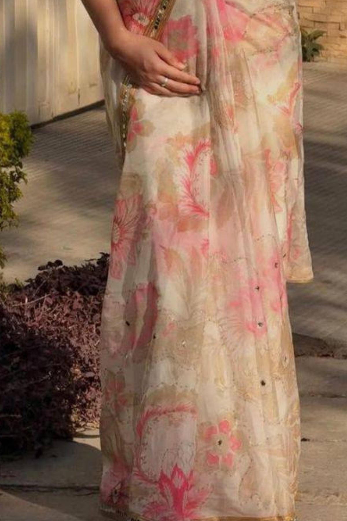 Elegant off white floral tabby silk saree with sequin work for wedding and festive occasions