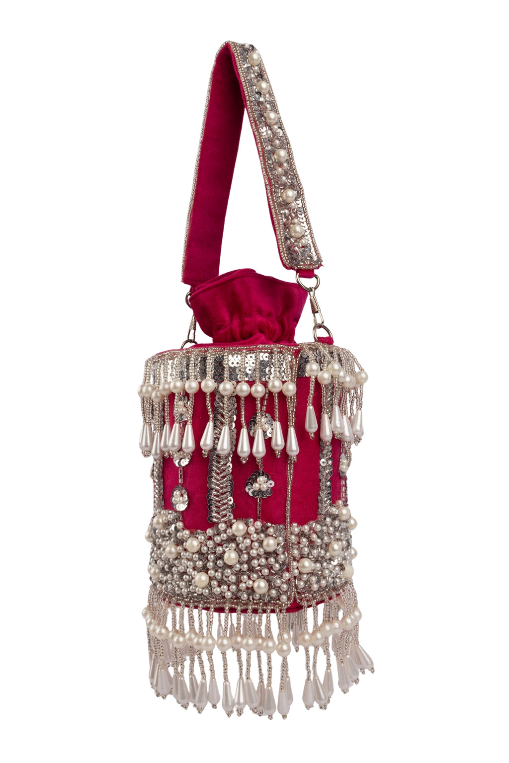 Rani Pink Net Cutdana & Pearl Embellished Potli Bag
