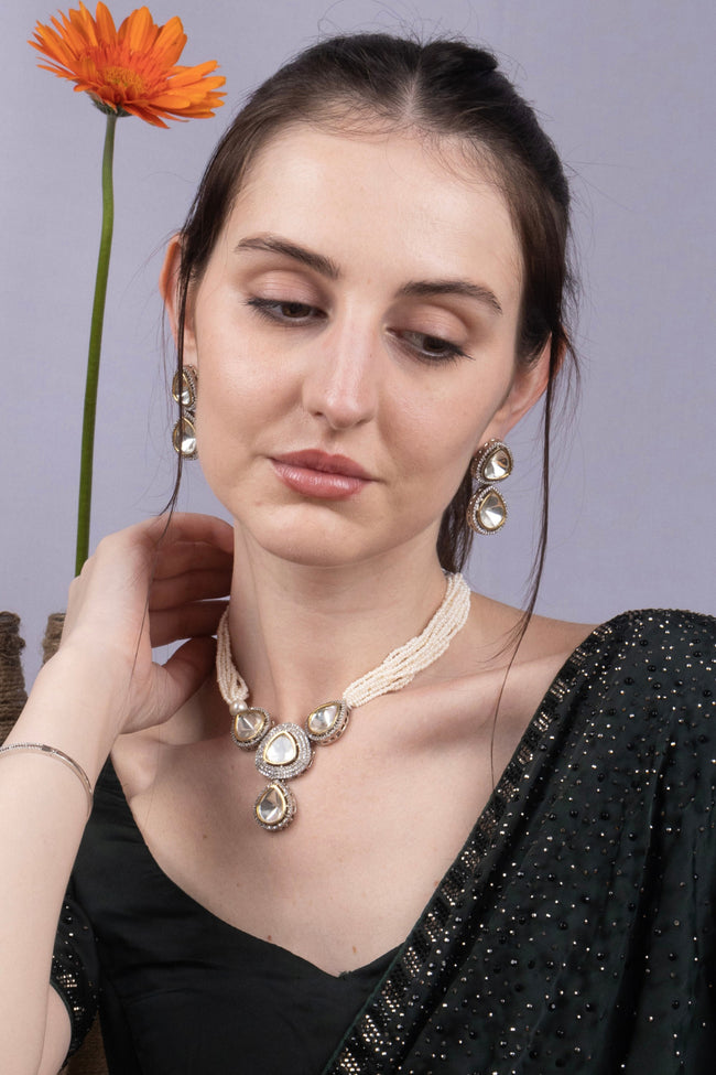 Ivory Pearl Kundan Drop Choker Necklace Set with Earrings Main Image