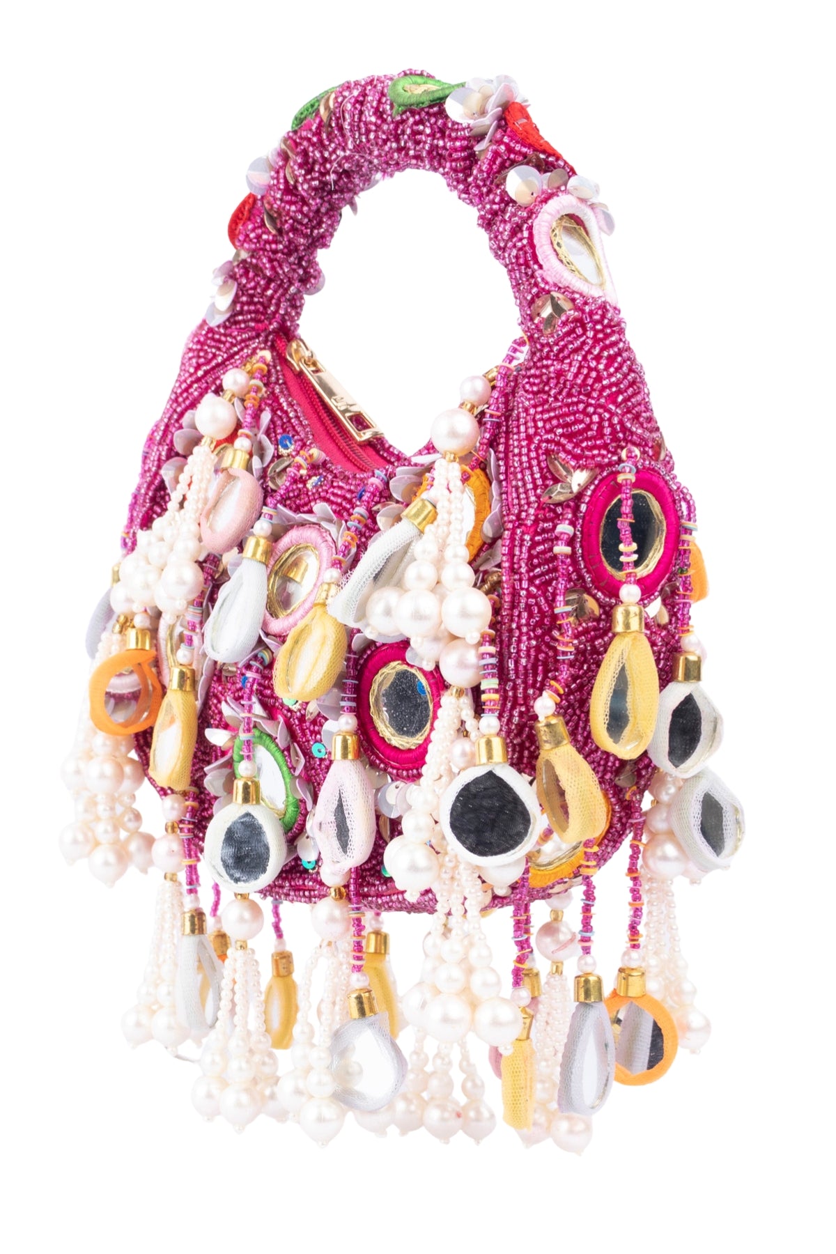 Eeth Pink Mirror Clutch Bagwith Beads and Pearl Work