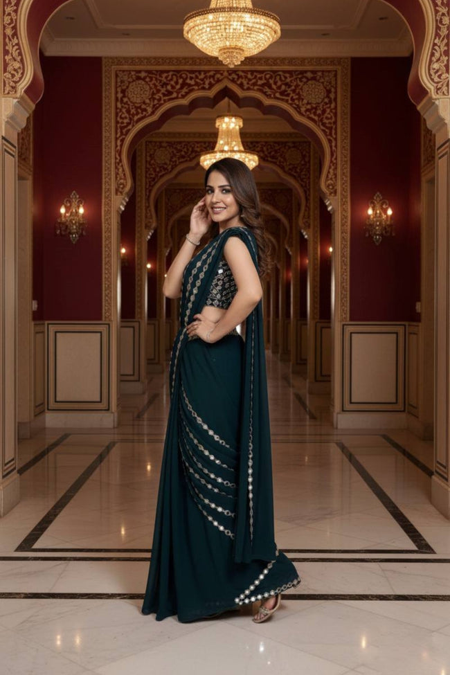 Bottle Green Faux Georgette Ready-to-Wear Real Mirror Work Saree with Attached Pallu Main Image