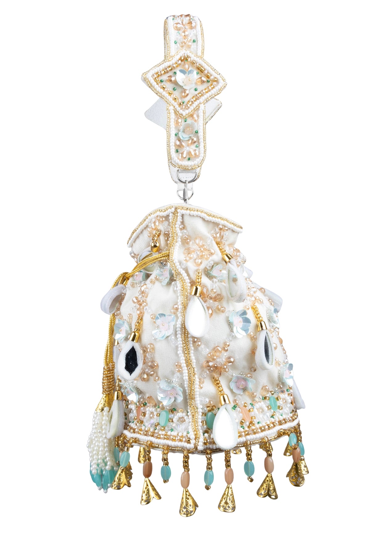 Ivory Velvet Potli Bag with MirrorSequin & Crystal Work