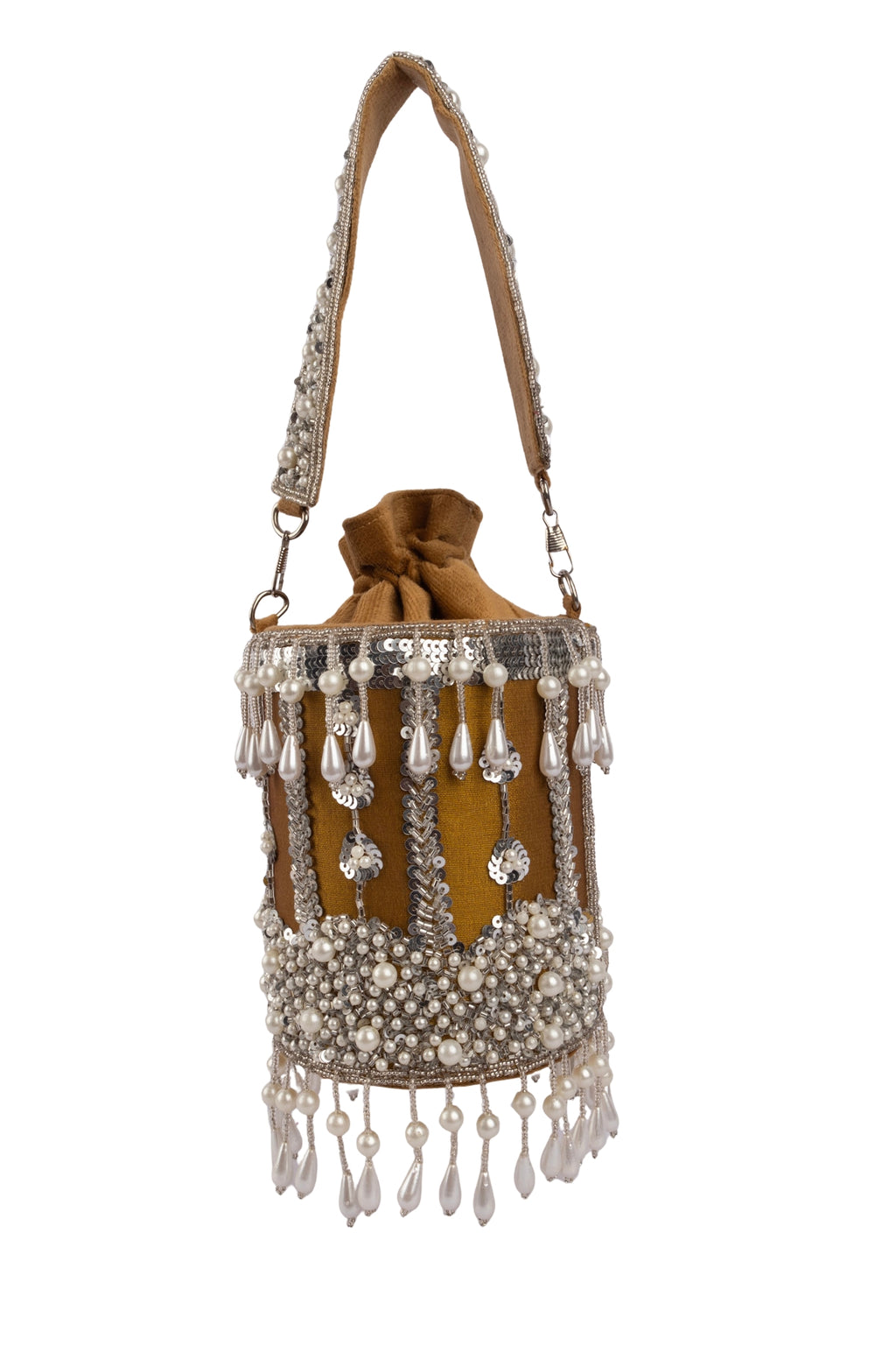 Mustard Raw Silk Cutdana & Pearl Embellished Potli Bag