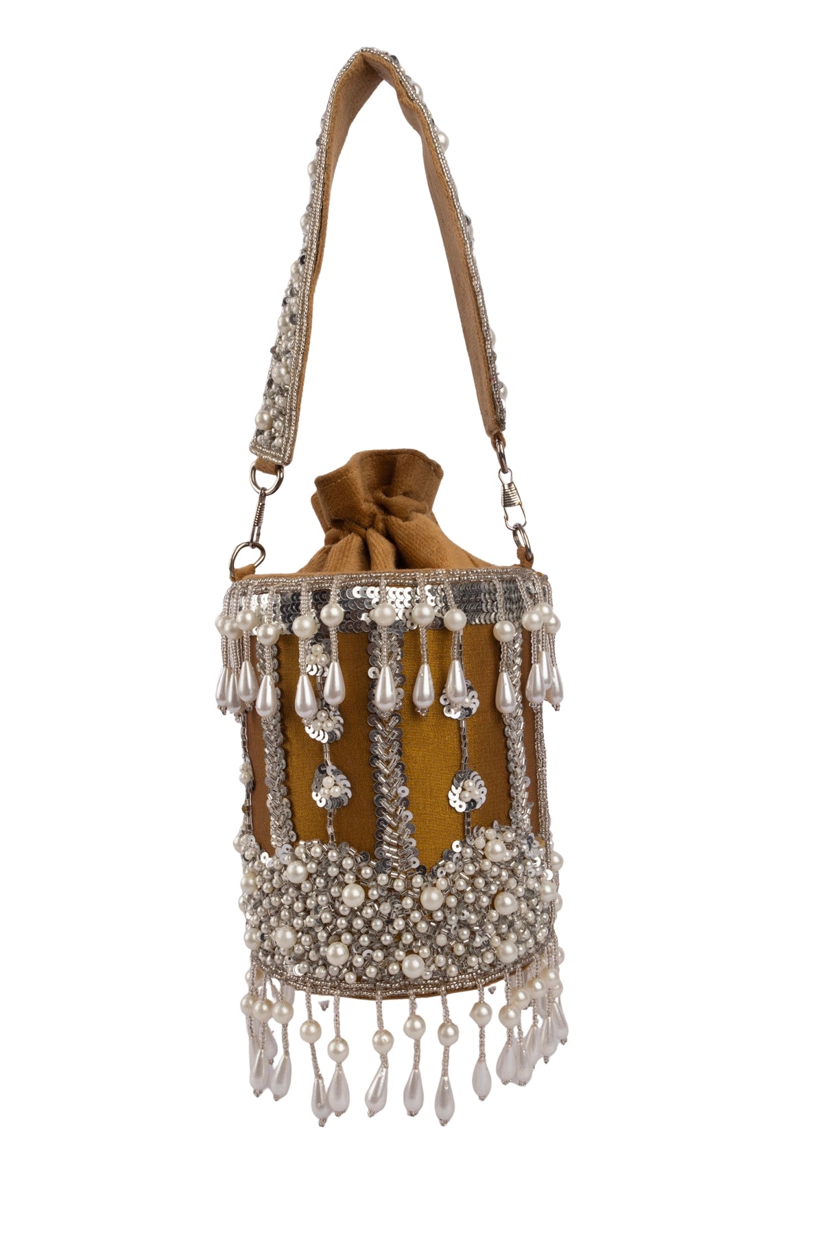 Mustard Raw Silk Cutdana & Pearl Embellished Potli Bag