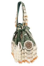Emerald Green Velvet Pearl & Cut Dana Work Potli Bag