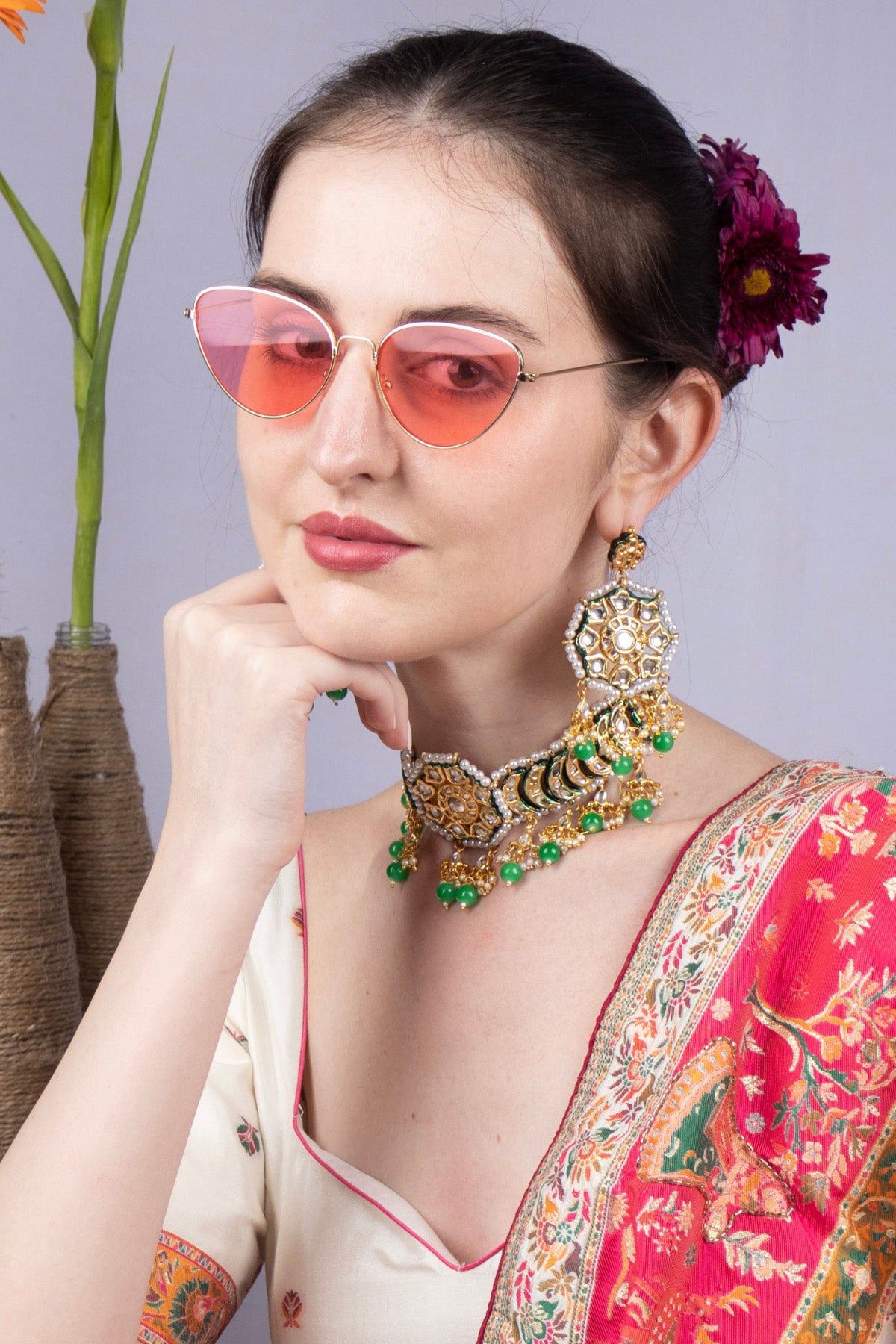Green Beaded Kundan Gold-Plated Choker Set with Earrings