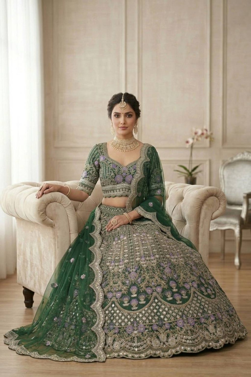 Flared mono satin silk lehenga with sequins cut work can-can layers blouse and dupatta for wedding and festive wear