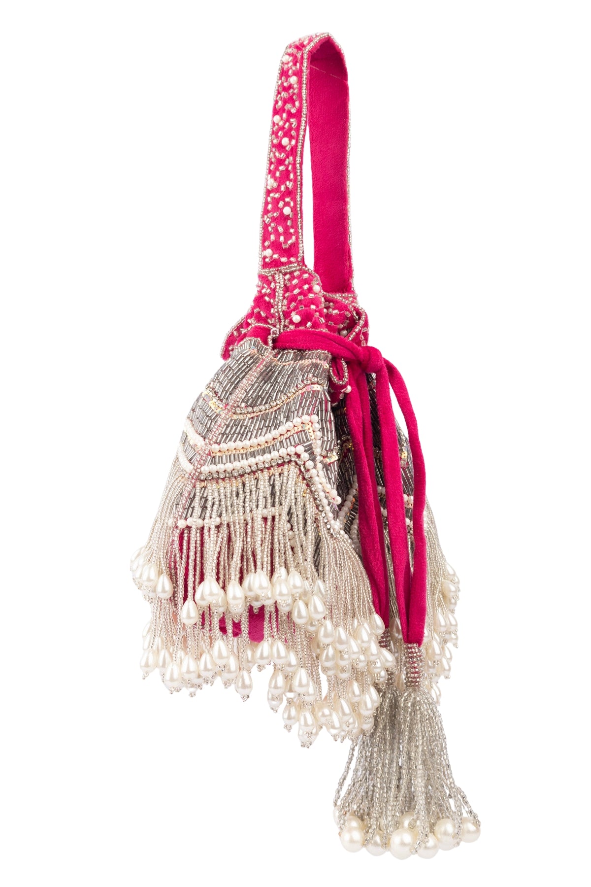 Rani Pink Velvet Cutdana & Pearl Embellished Potli Bag
