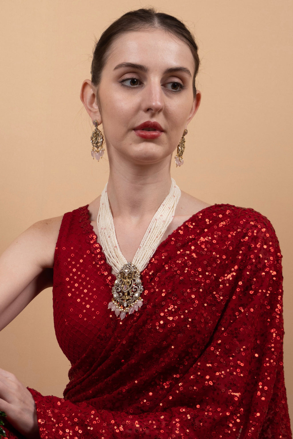 Ivory Pearl Multi-Layer Bridal Choker Necklace Set with Antique Pendant & Earrings