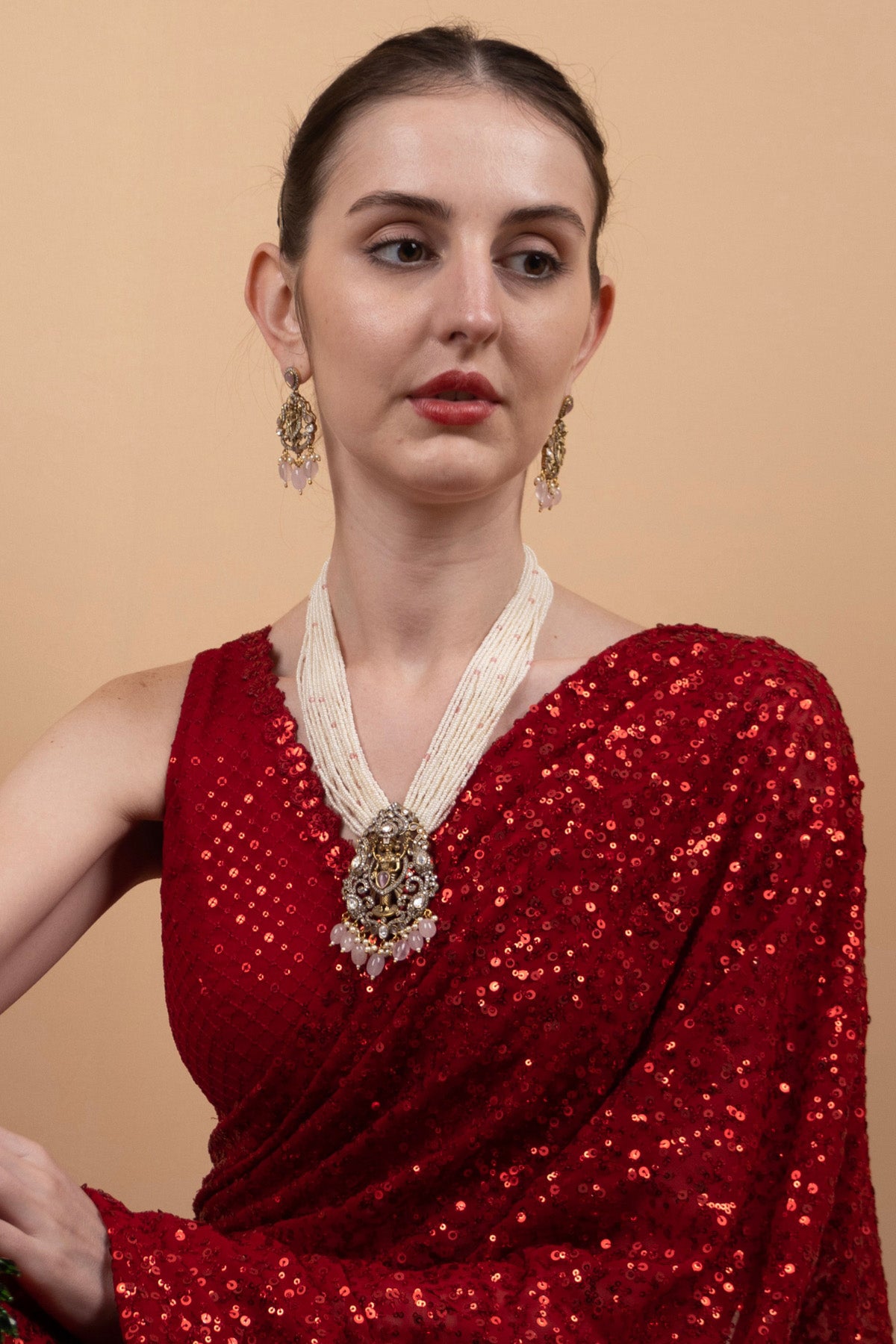 Ivory Pearl Multi-Layer Bridal Choker Necklace Set with Antique Pendant & Earrings