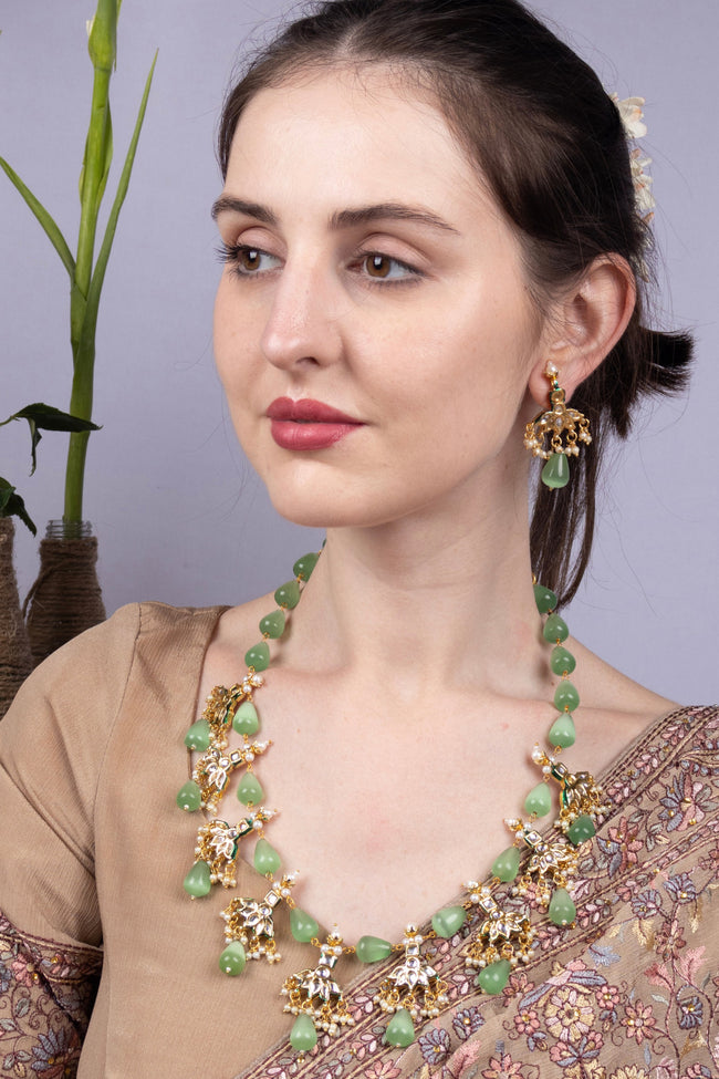 Elegant Green Stone Statement Necklace Set with Earrings Premium Ethnic Jewellery Hover Image