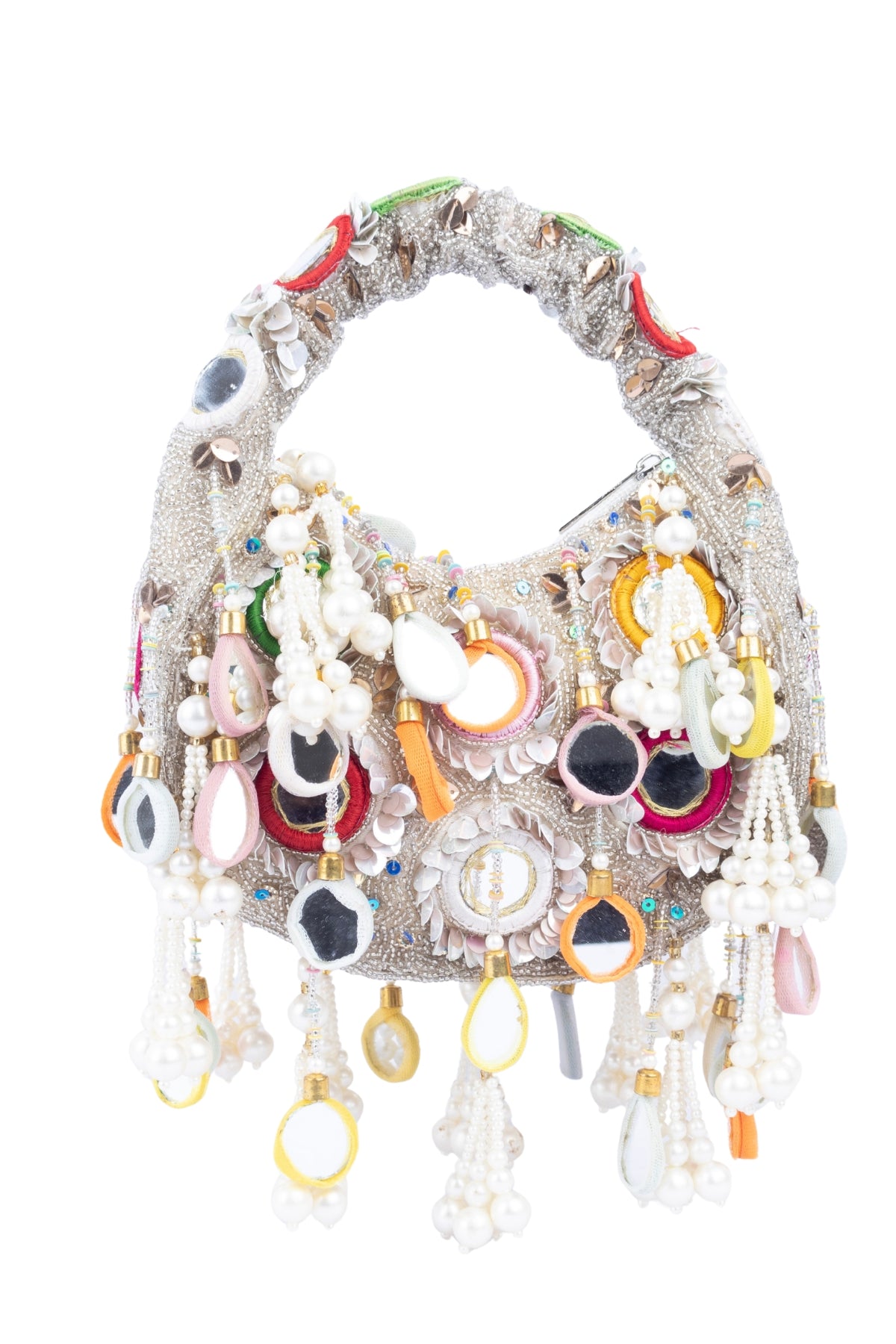 Eeth Silver Mirror Clutch Bagwith Beads and Pearl Work
