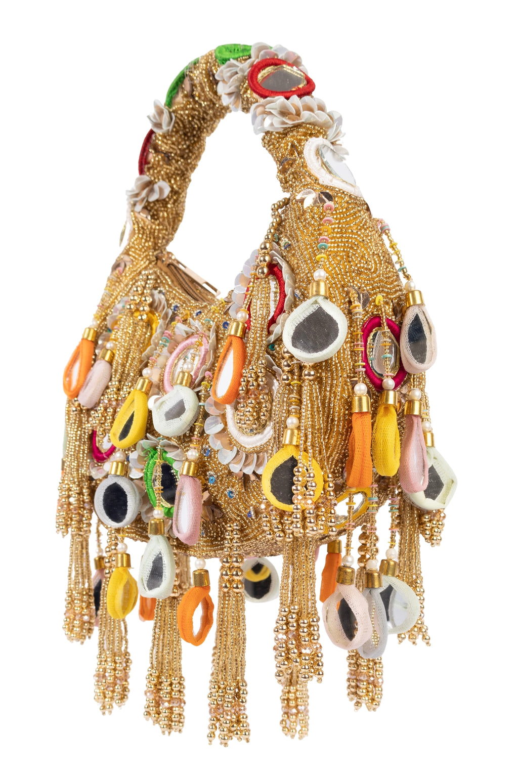 Eeth Gold Mirror Clutch Bag with Beads and Pearl Work