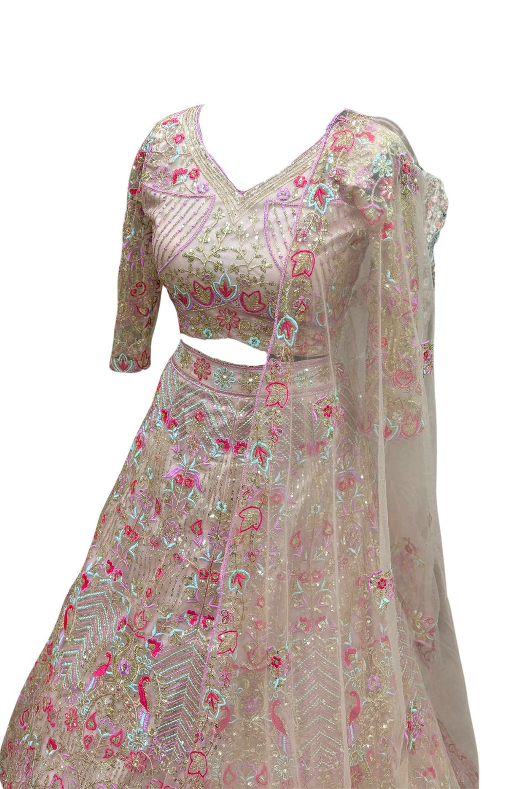 Champagne flared butterfly net embroidered lehenga set for wedding and party wear