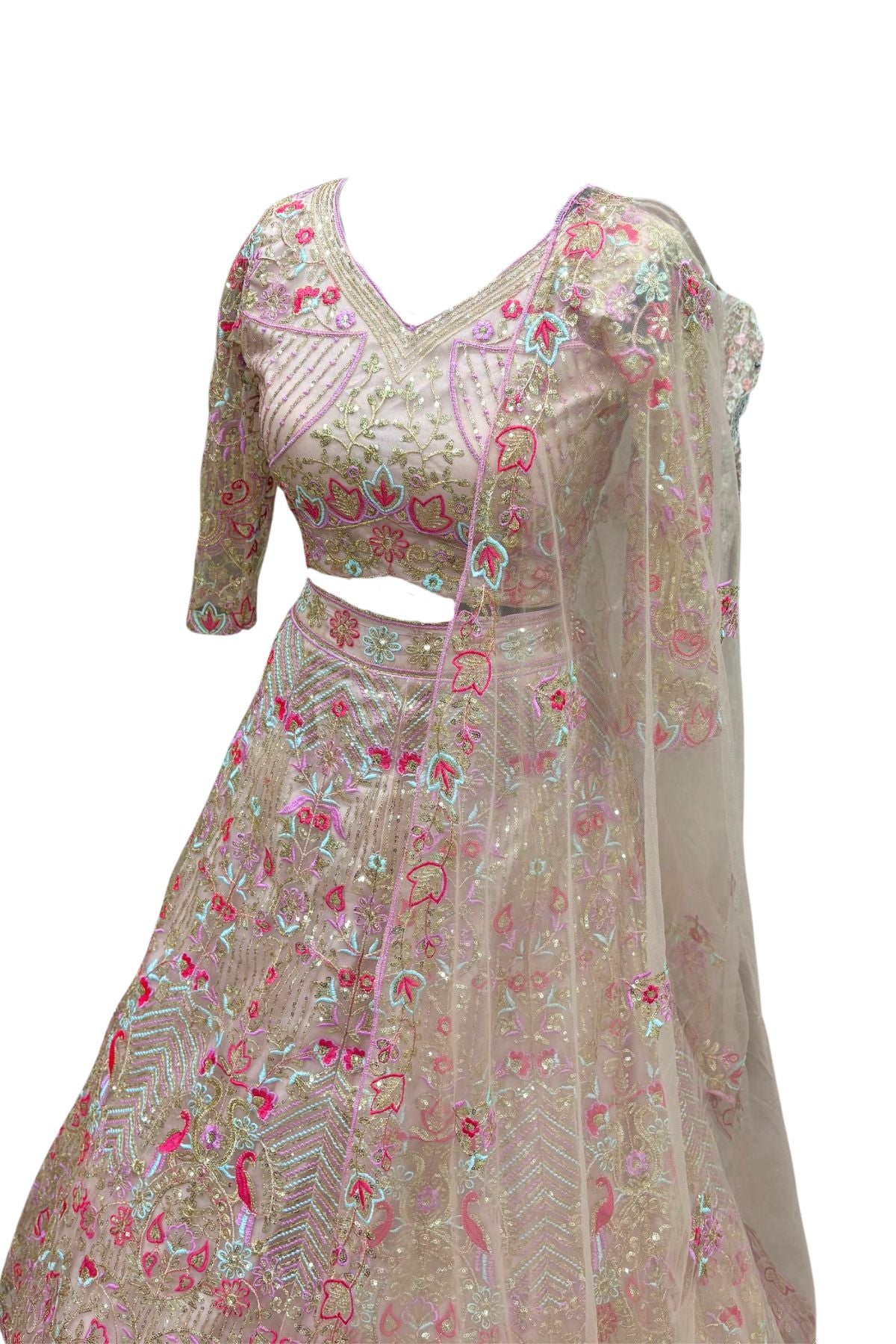 Champagne flared butterfly net embroidered lehenga set for wedding and party wear