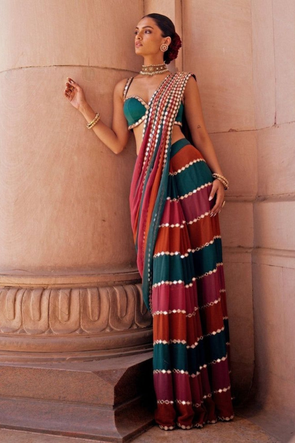 Elegant faux georgette saree with real mirror embroidery work for wedding and festive occasions