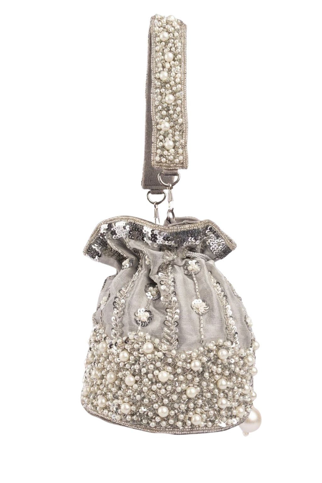 Silver potli bag with cutdana pearl and sequin embellishments on raw silk fabric with tassel for wedding and festive wear