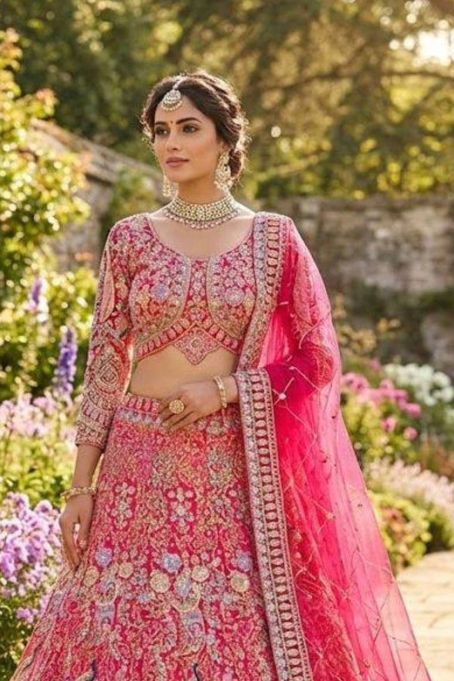 Red Coding Sequins Work Butterfly Net Lehenga Set Main Image