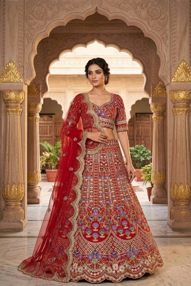 Red Flared Sequins Cut Work Lehenga with Butterfly Net Dupatta Main Image