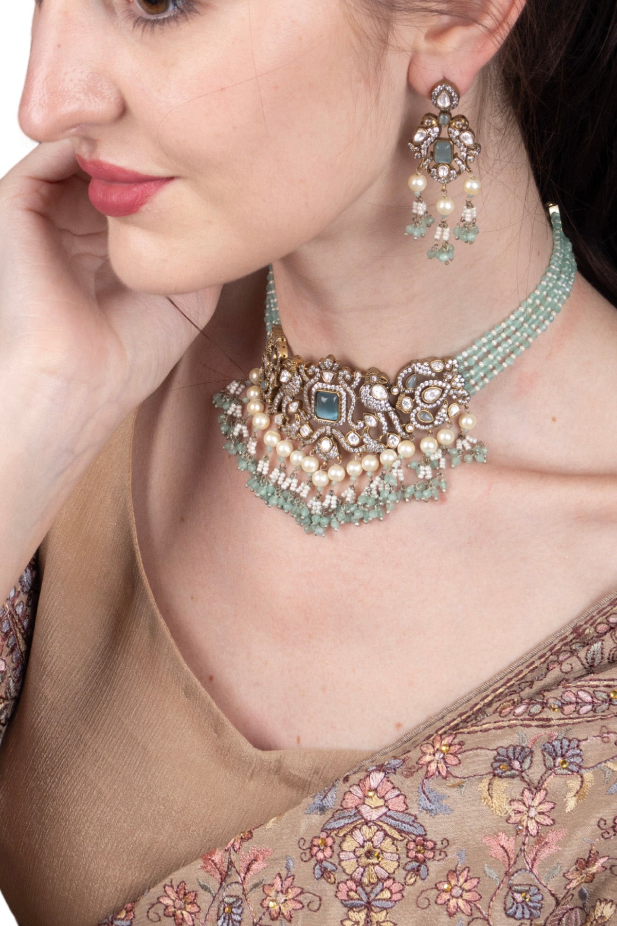 Mint Green Kundan Choker Necklace Set with Earrings Premium Ethnic Jewellery
