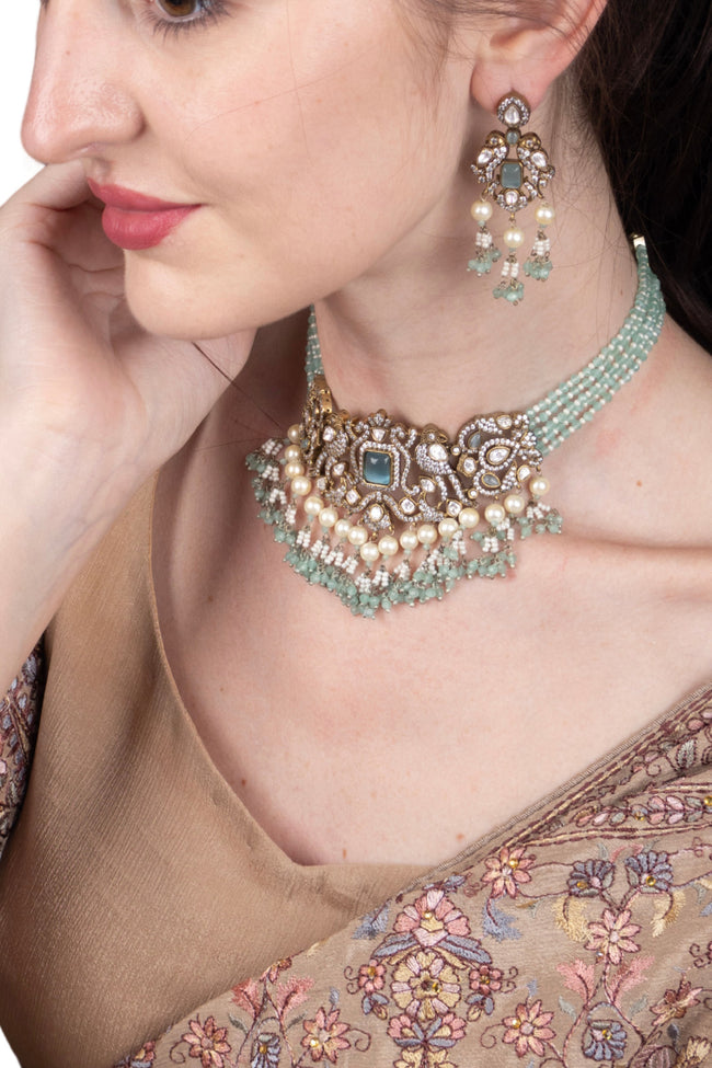 Mint Green Kundan Choker Necklace Set with Earrings Premium Ethnic Jewellery Main Image
