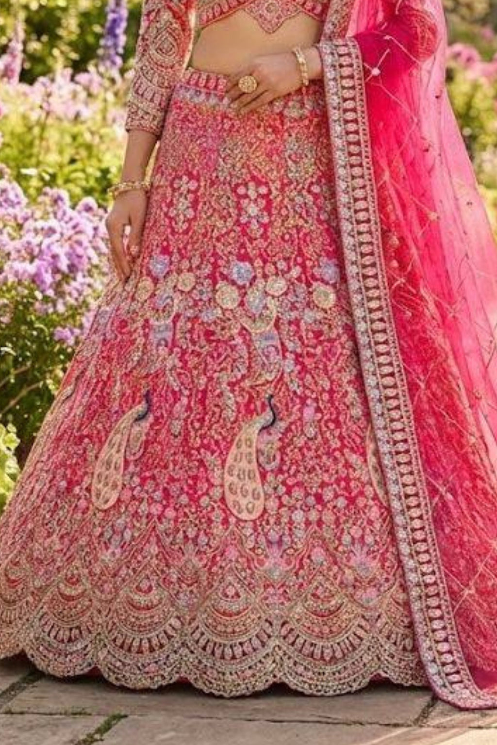 Red butterfly net lehenga with coding sequins embroidery for wedding, bridal and festive wear