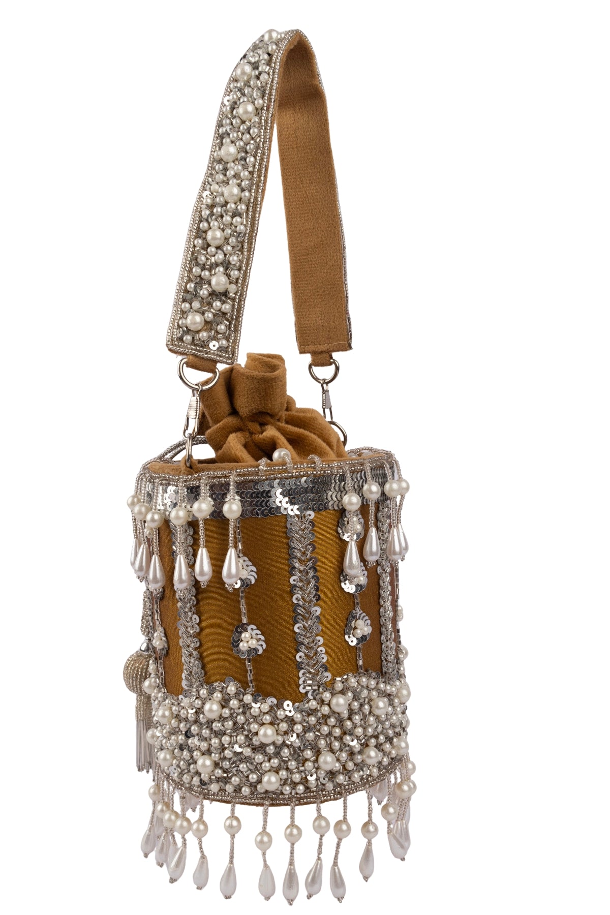Mustard Raw Silk Cutdana & Pearl Embellished Potli Bag