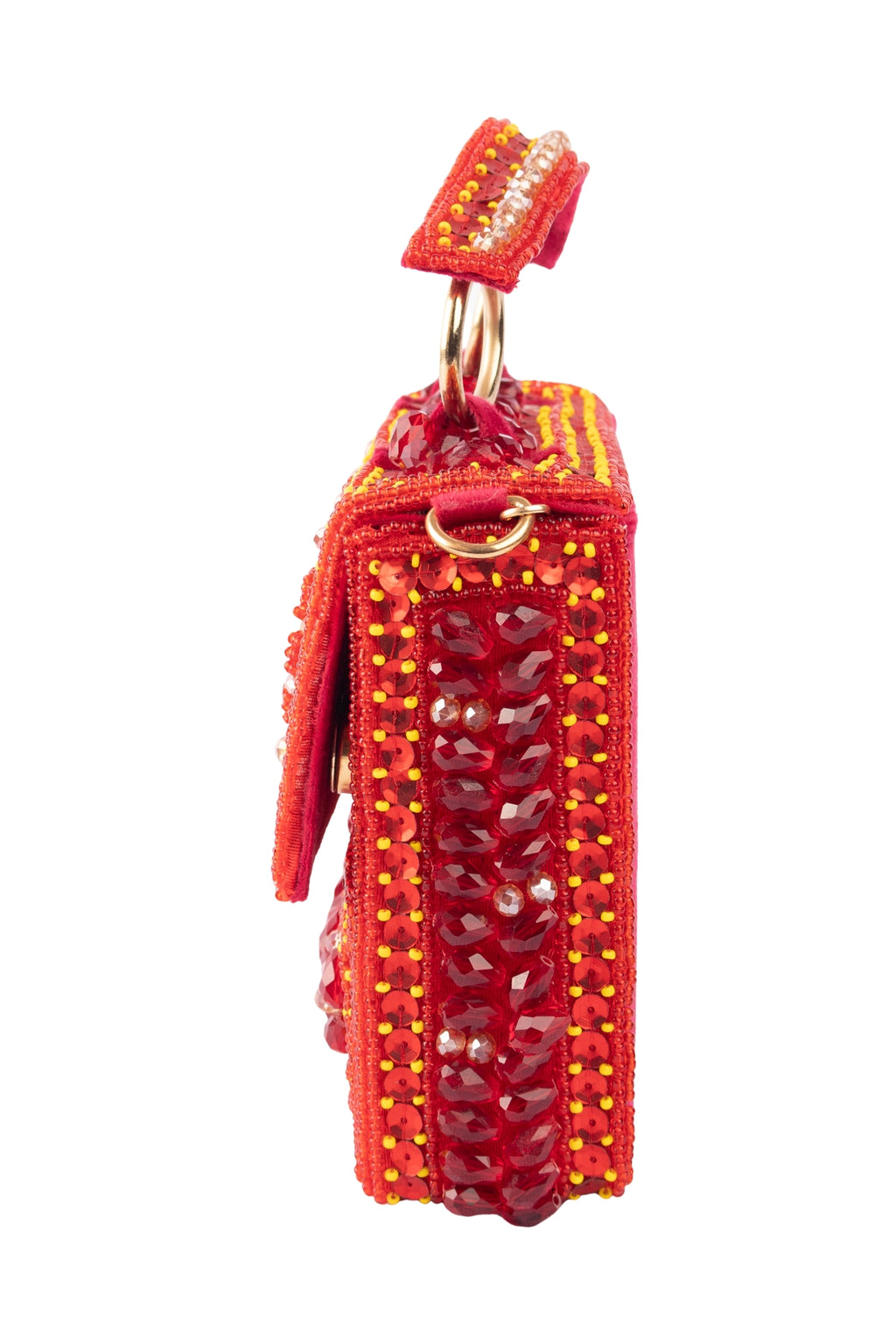 Red Hand Embellished Clutch Bag with Cutdana Sequins & Crystal Work