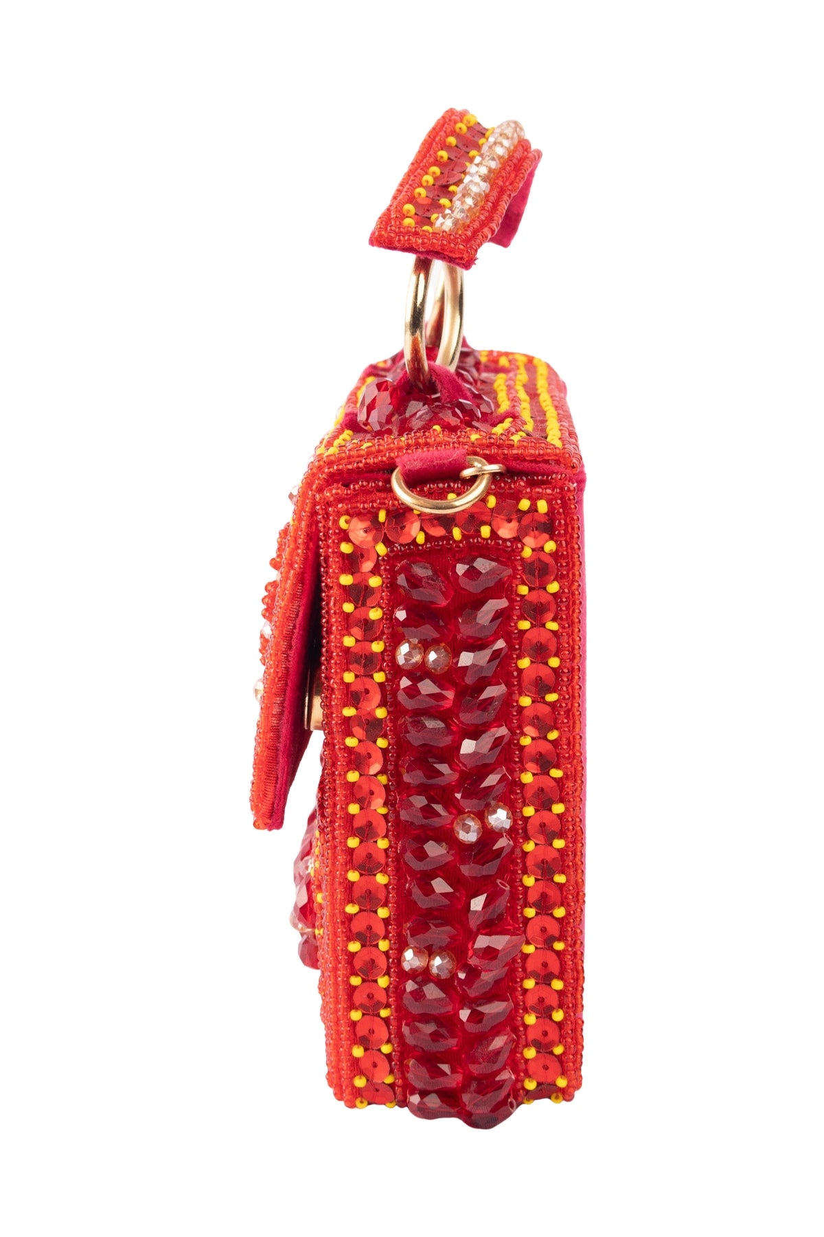Red Hand Embellished Clutch Bag with Cutdana Sequins & Crystal Work
