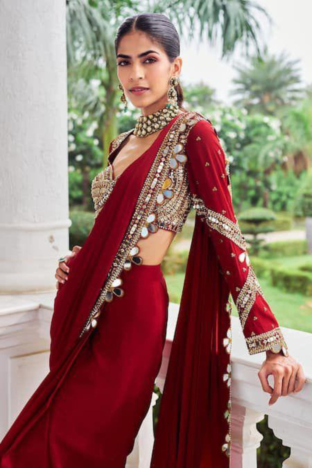 Elegant ready-to-wear faux georgette saree with real mirror work and attached pallu for wedding and festive wear