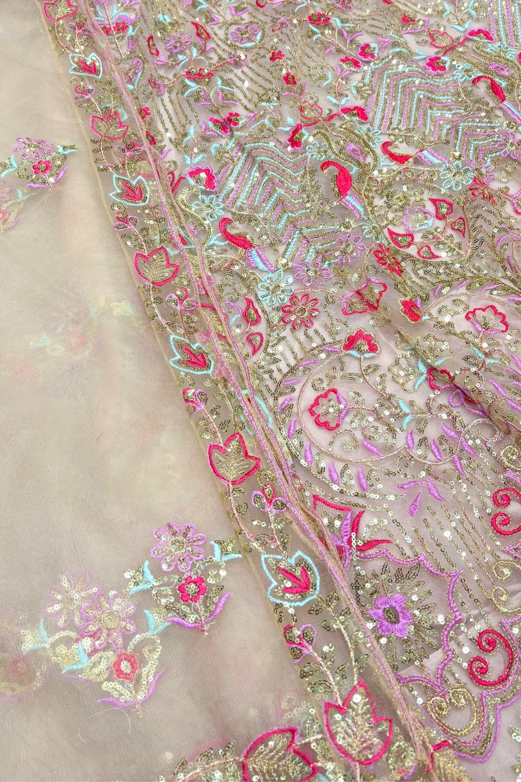 Champagne flared butterfly net embroidered lehenga set for wedding and party wear