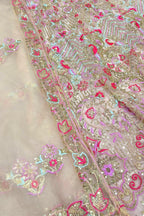 Champagne flared butterfly net embroidered lehenga set for wedding and party wear