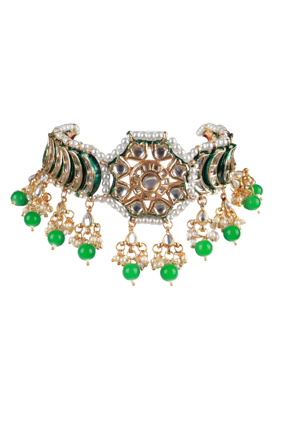 Green Beaded Kundan Gold-Plated Choker Set with Earrings