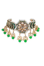 Green Beaded Kundan Gold-Plated Choker Set with Earrings