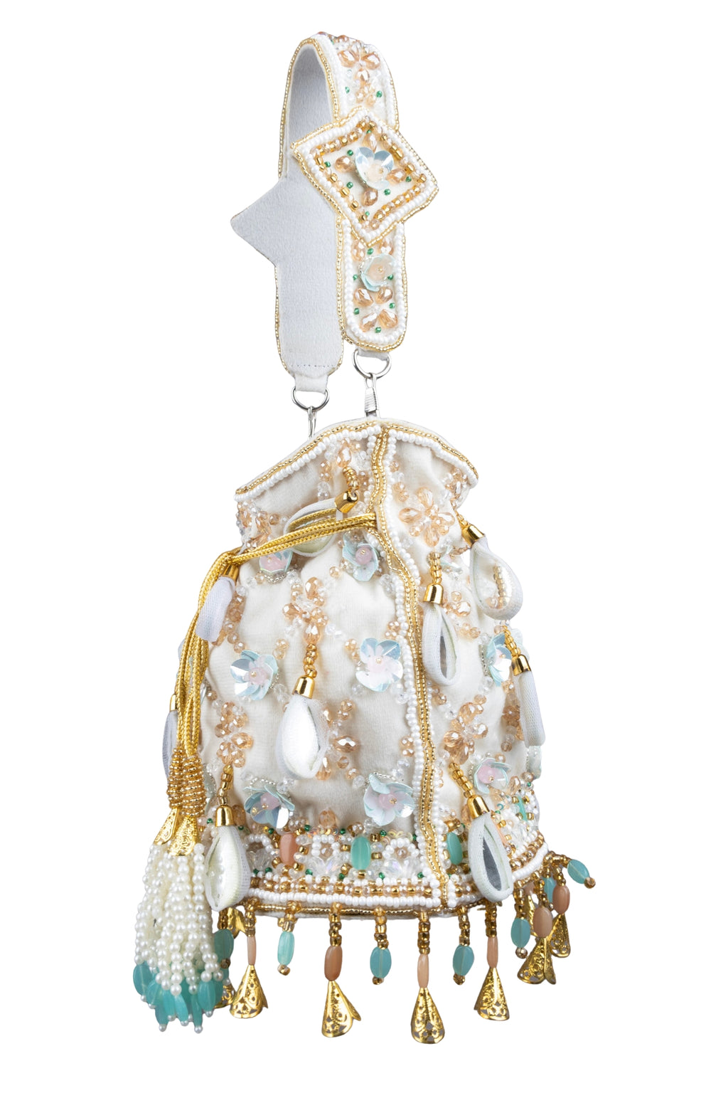 Ivory Velvet Potli Bag with MirrorSequin & Crystal Work