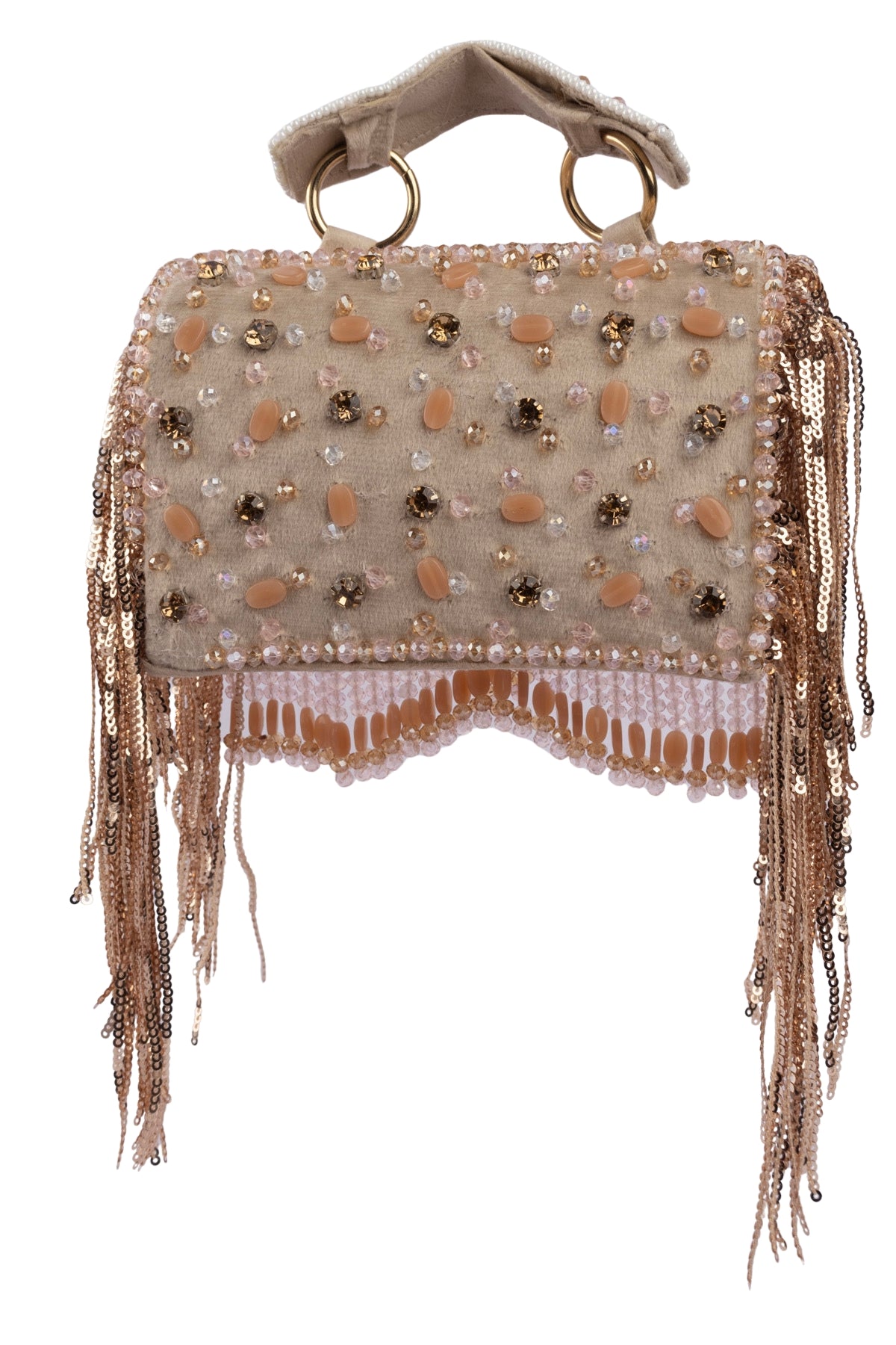 Beige Hand Embellished Clutch Bag with Crystal Work