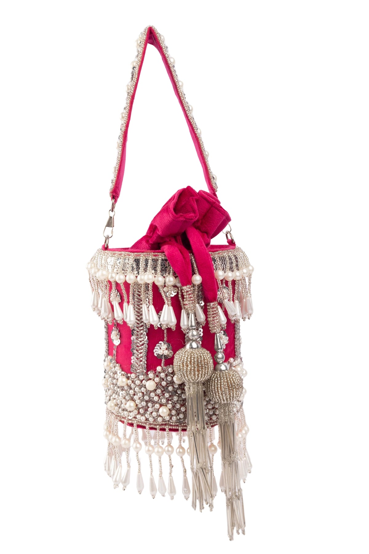 Rani Pink Net Cutdana & Pearl Embellished Potli Bag