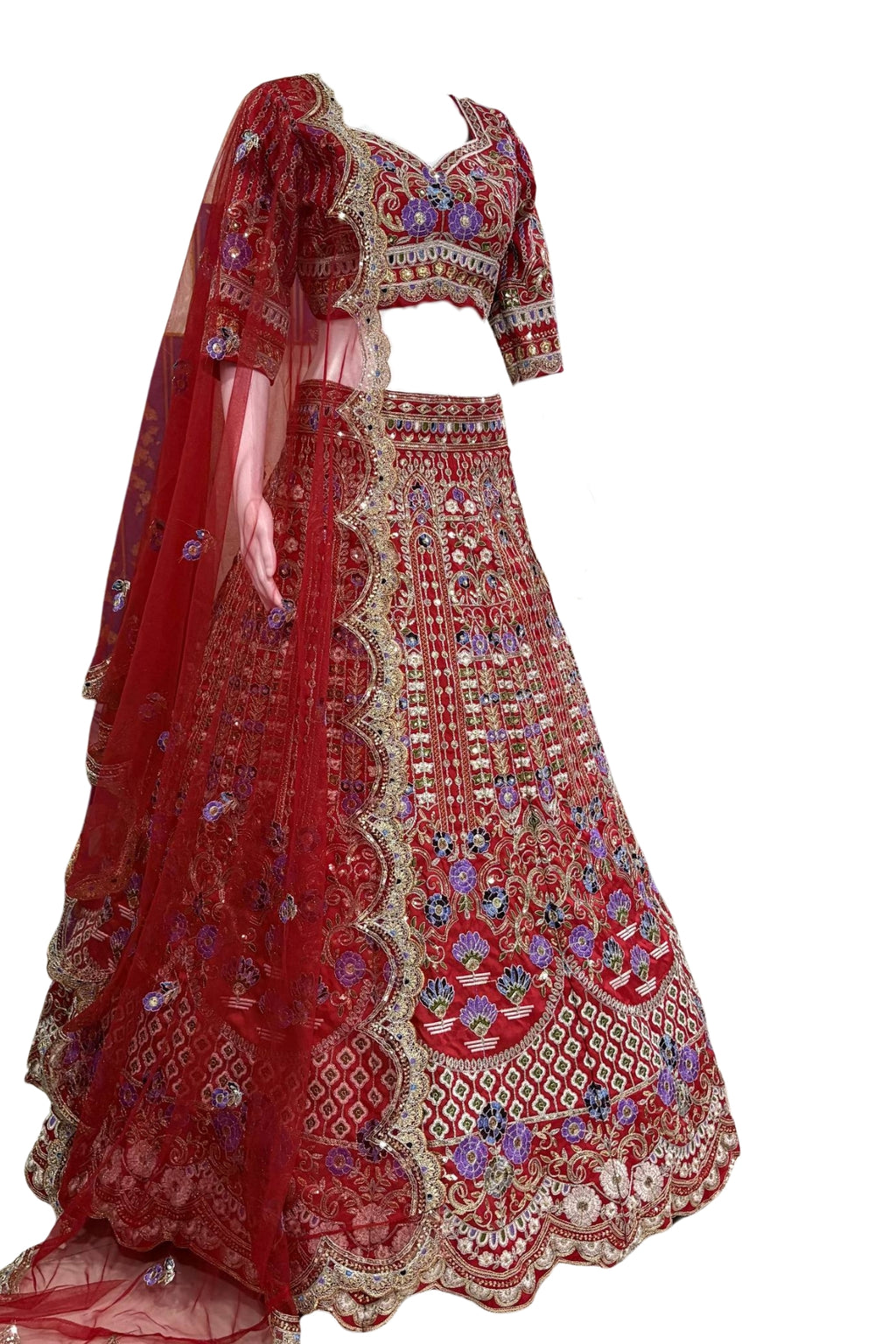 Flared mono satin silk lehenga with sequins cut work can-can layers unstitched blouse and butterfly net dupatta for wedding and festive wear