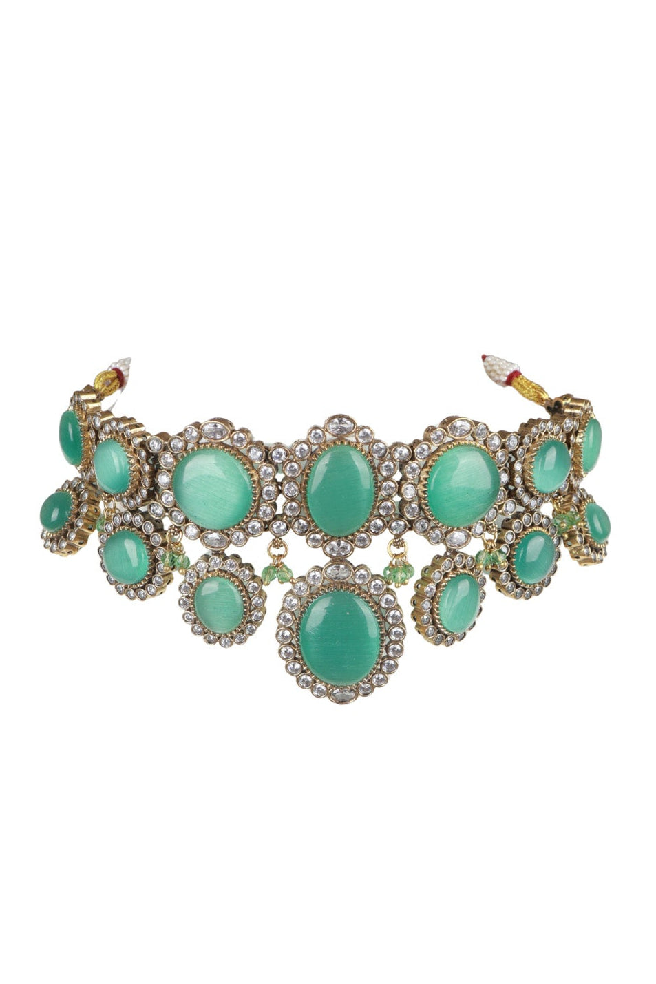 Green Stone Statement Gold-Plated Choker Necklace Set with Earrings