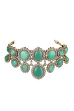 Green Stone Statement Gold-Plated Choker Necklace Set with Earrings