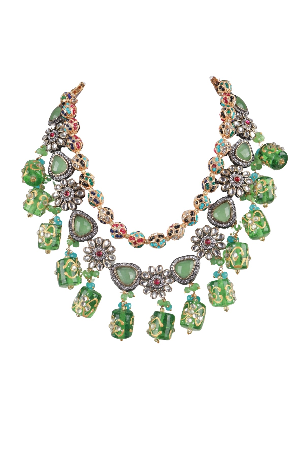 Green Kundan Choker Necklace Set with Beaded Drops & Earrings