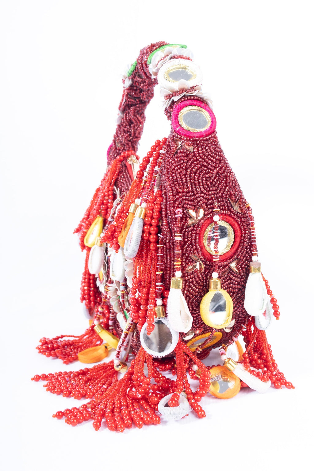 Eeth Red Mirror Clutch Bagwith Beads and Pearl Work