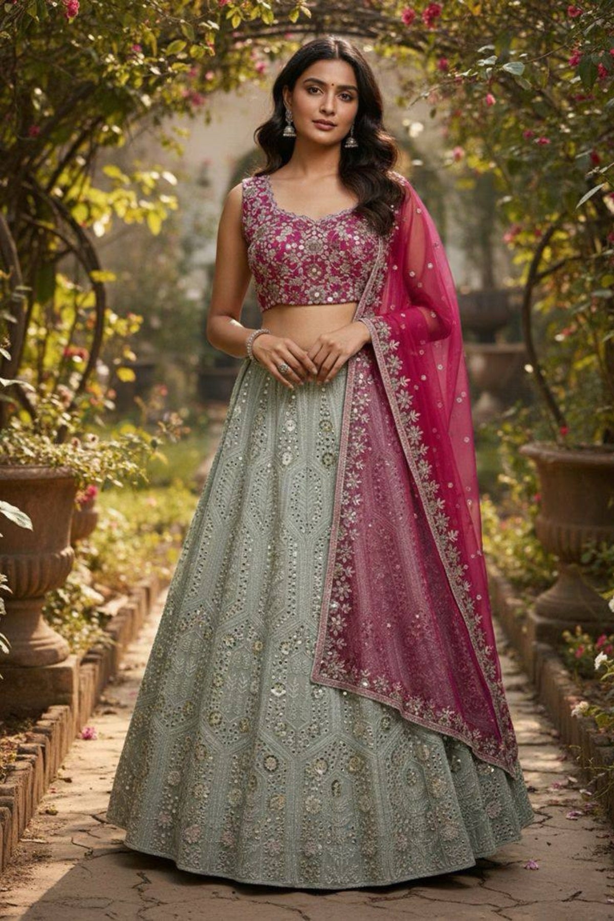 Elegant faux georgette flared lehenga with sequins embroidery, can-can layers and dupatta for wedding and festive wear
