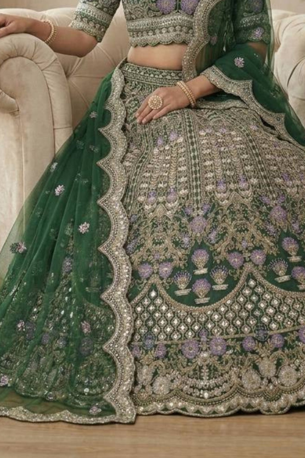 Flared mono satin silk lehenga with sequins cut work can-can layers blouse and dupatta for wedding and festive wear