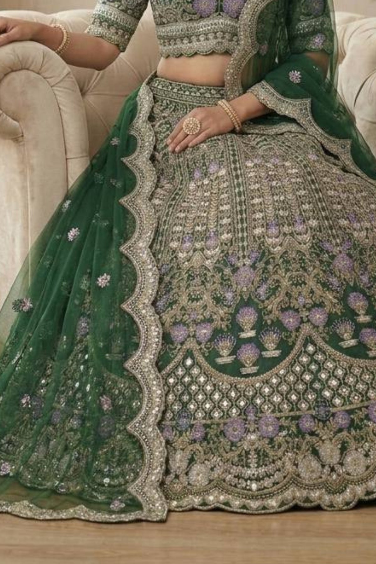 Flared mono satin silk lehenga with sequins cut work can-can layers blouse and dupatta for wedding and festive wear