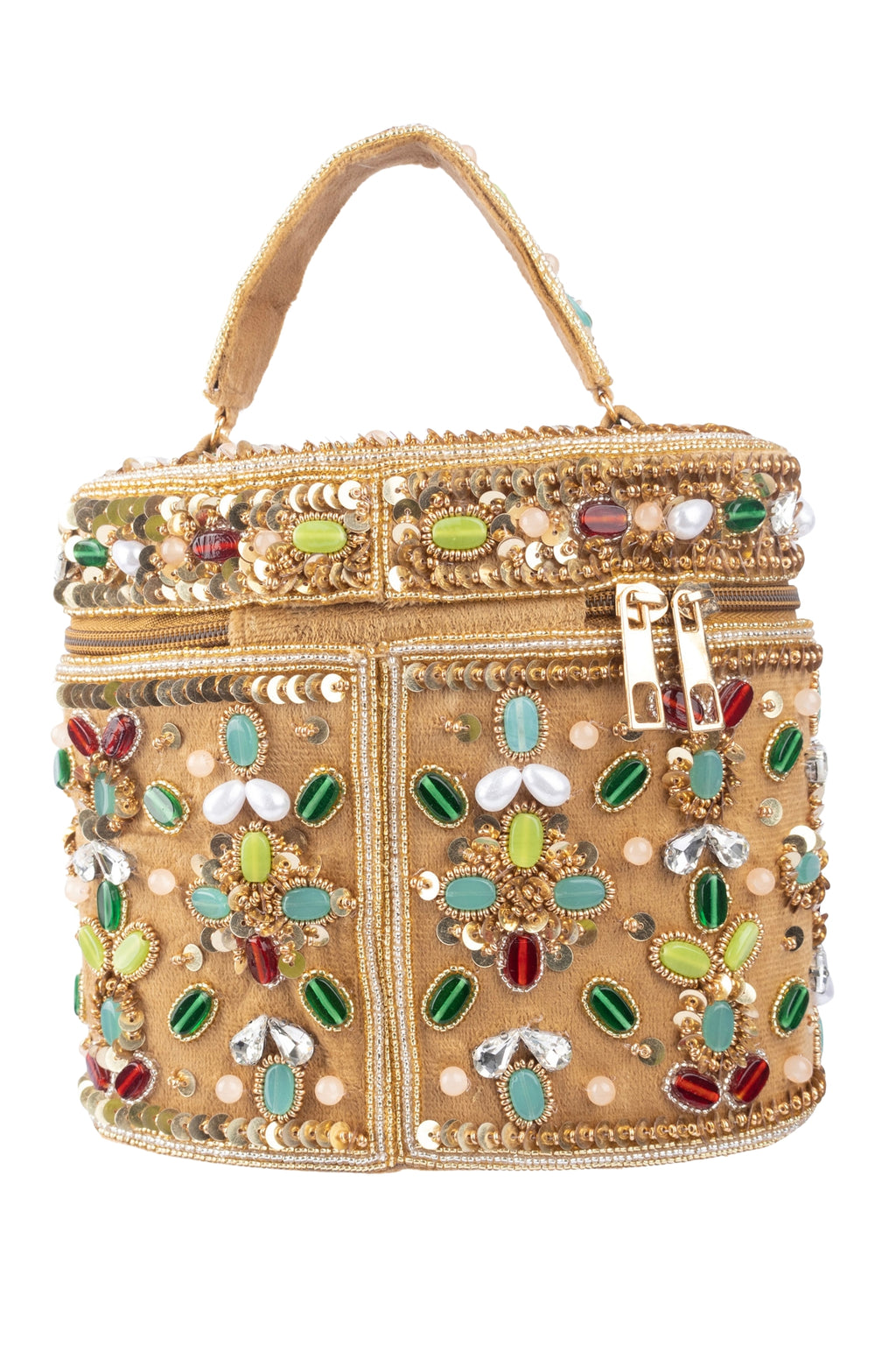 Eeth Gold Embellished Box Clutch with Zip Closure